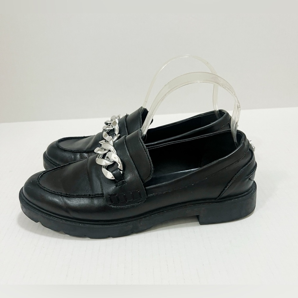 Anne Klein AK Black Leather Silver Chain Chunky Penny Platform Loafers